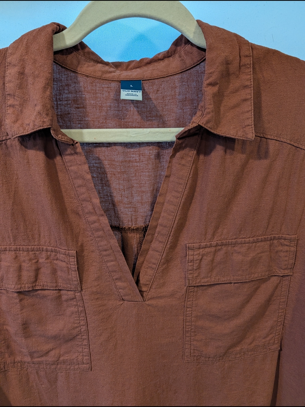 Old Navy chocolate Brown V-Neck Pocket linen blend resortwear travel summer top - Picture 2 of 5